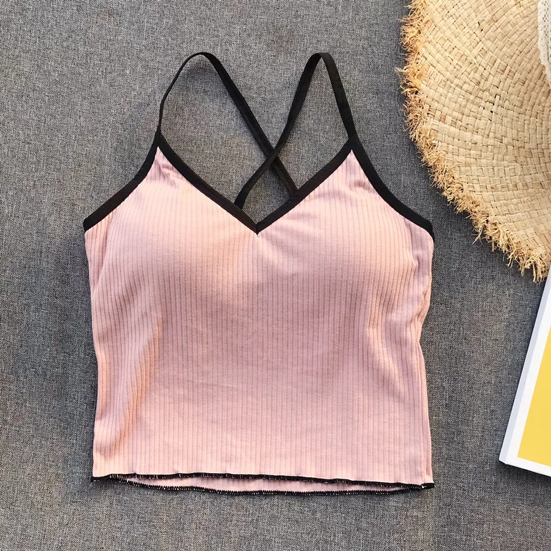 Girls Crossed Straps Short Camis Tops With Seperated Bra Women Padding Tanks Crop Tops For Female