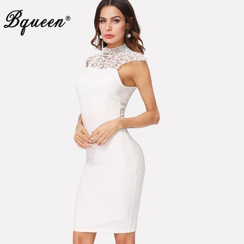 

Bqueen 2019 Women White Dress Sleeveless Celebrity Party Dress Sexy Hollow Out Midi Lace Club Dress