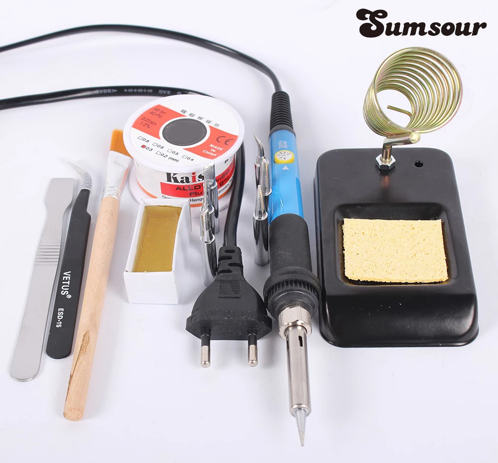 

60W 220V EU / US Electric Adjustable Temperature Welding Solder Soldering Iron Rework Repair Tool With 6pcs Iron Tips + Tin Wire
