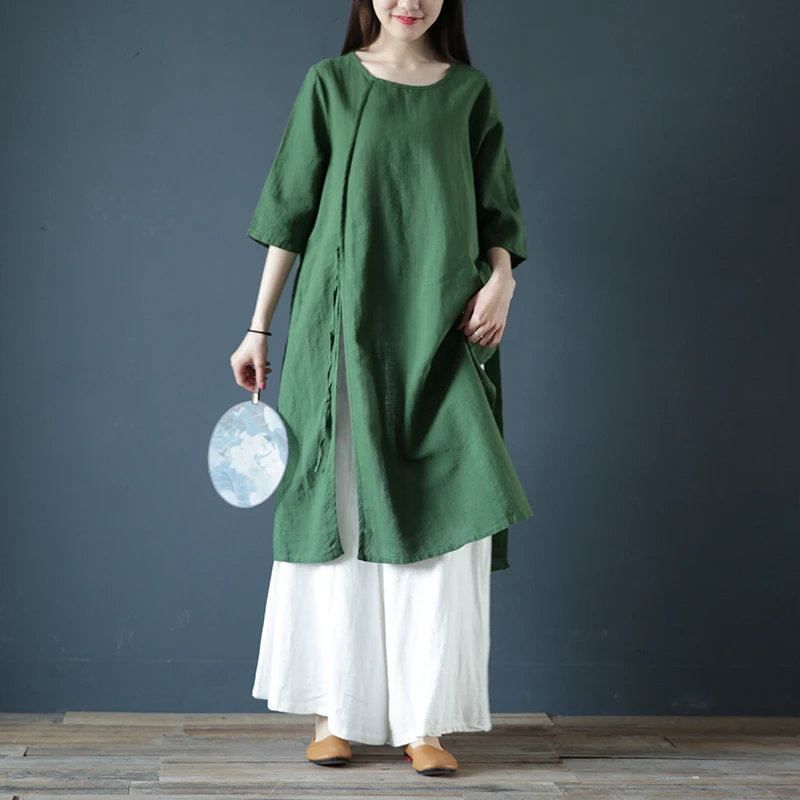 

SCUWLINEN 2019 Summer Women Tops Vintage Solid Lacing Side Slits Loose Long Ramie T-shirt Casual All-match Zen Top Femme S776