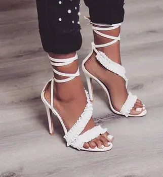 

New fashion white ruffles decorations high heel sandal open toe lace-up gladiator sandal cutouts thin heels shoe