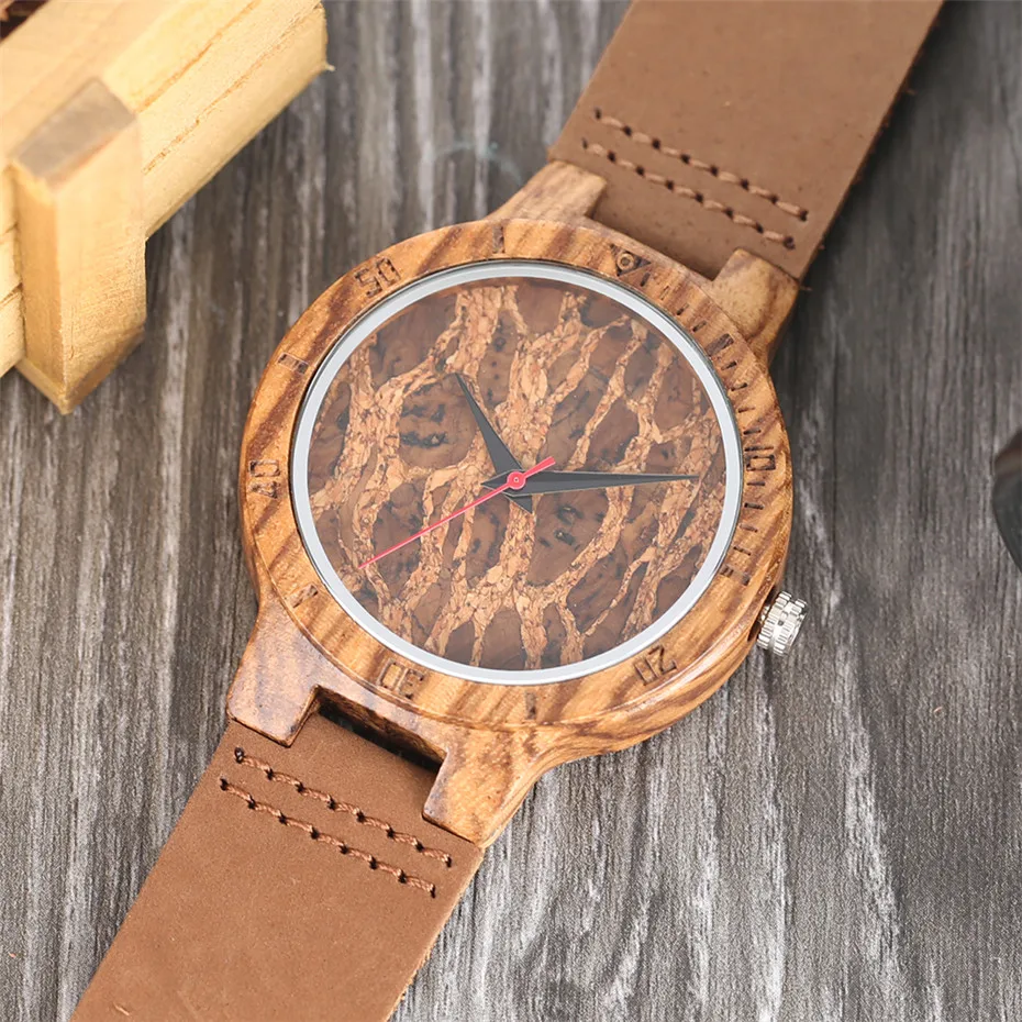 YISUYA Creative ZebraCork SlagBroken Leaves Face Nature Wood Watch Men Genuine Leather Strap Analog Women Bangle Wristwatch (10)