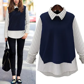 

4xl plus big size tops blusas feminina 2017 new korean spring autumn women shirts false two piece long sleeve shirt female A1598