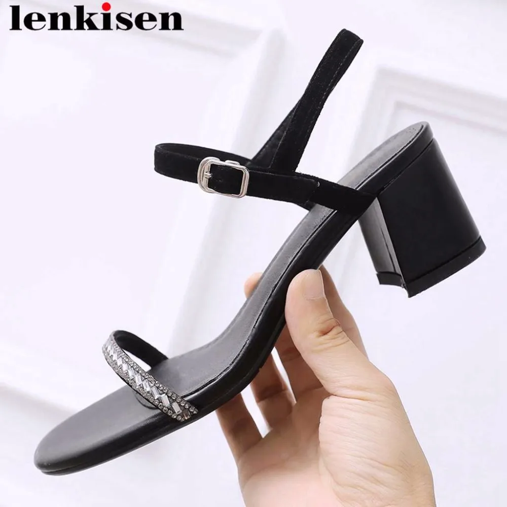 

Lenkisen glitter crystals decoration new kid suede thick med heels peep toe buckle strap women sandals office lady suit shoe L28