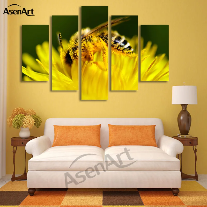 

5 Panel Wall Art Canvas Prints Honey Bee Pictures Animal Painting Yellow Flower Pictures for Bedroom Modern Home Decor No Frame