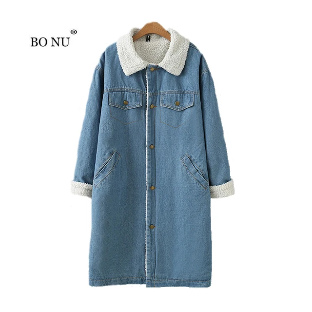 BONU Long Winter Lamb Fur Denim Park For Women Loose Plus Size 5XL Jeans Jacket Women Large Size Coat women's windbreaker Coat