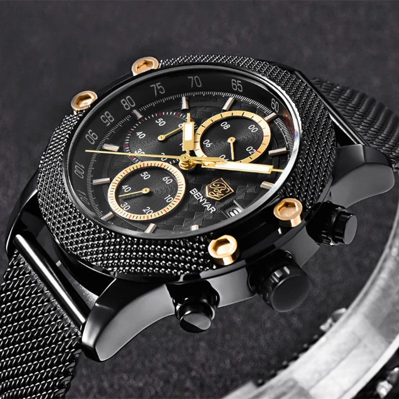 

BENYAR Watche Men relogios Sport Chronograph Fashion Mesh Band Waterproof Luxury Brand Quartz Watch Saat Relojes Hombre montre