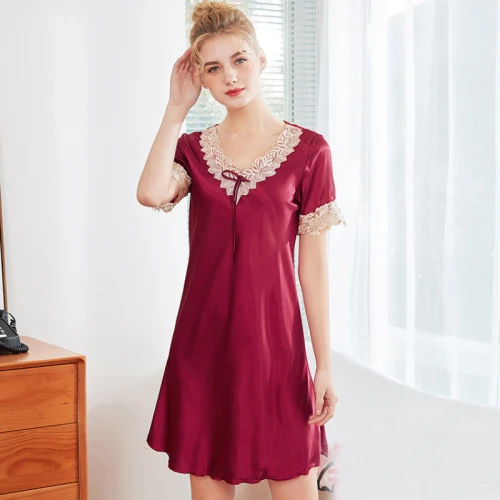 NG0338 новые женские ночные рубашки женские сексуальные ночные платья с v-образным вырезом Короткие рукава летние мини ночные платья женские атласные шелковые пижамы - Цвет: Burgundy