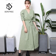 Новое поступление, женское кимоно в клетку, на шнуровке, до середины икры, платье, латерн, половина рукава, v-образный вырез, высокая талия, Vestidos, корейский стиль, D92002F