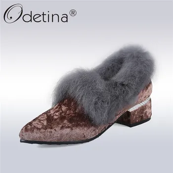 

Odetina 2019 New Fashion Women Flock Pointed Toe Pumps Faux Fur Slip On Sweet Shoes Lady Square Low Heels Pump Shoes Big Size 48