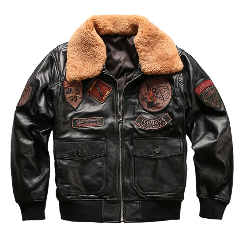 Buy 2018 Men Black Genuine Pilot Leather Jacket Wool