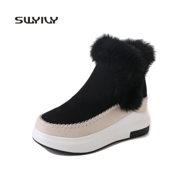 SWYIVY Women Walking Shoes Platform Winter Warm Shoes 2018 New Plus Velvet Fur Height Increasing Plush Women Short Snow Boots