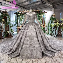 Dubai Luxury Long Sleeves Prom Dress Latest Design Gray High-neck Muslim Custom Made High End Full Crystal Shiny Prom Gown