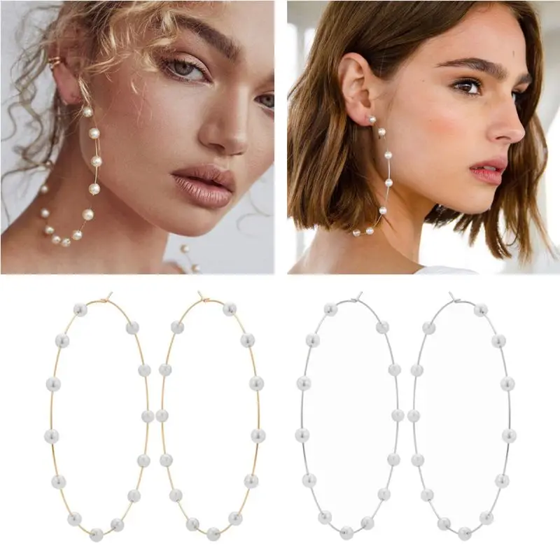 

Elegant White Pearl Large Hoop Earrings Statement For Women Fashion Jewelry