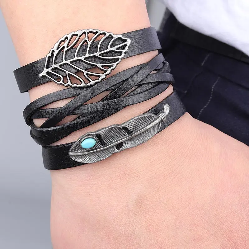 

GUVIVI New Multi Layers Charm Leaf Leather Bracelets For Men Black Wristband Cuff Bangles Bracelets Jewelry 2019 Pulseras Bijoux