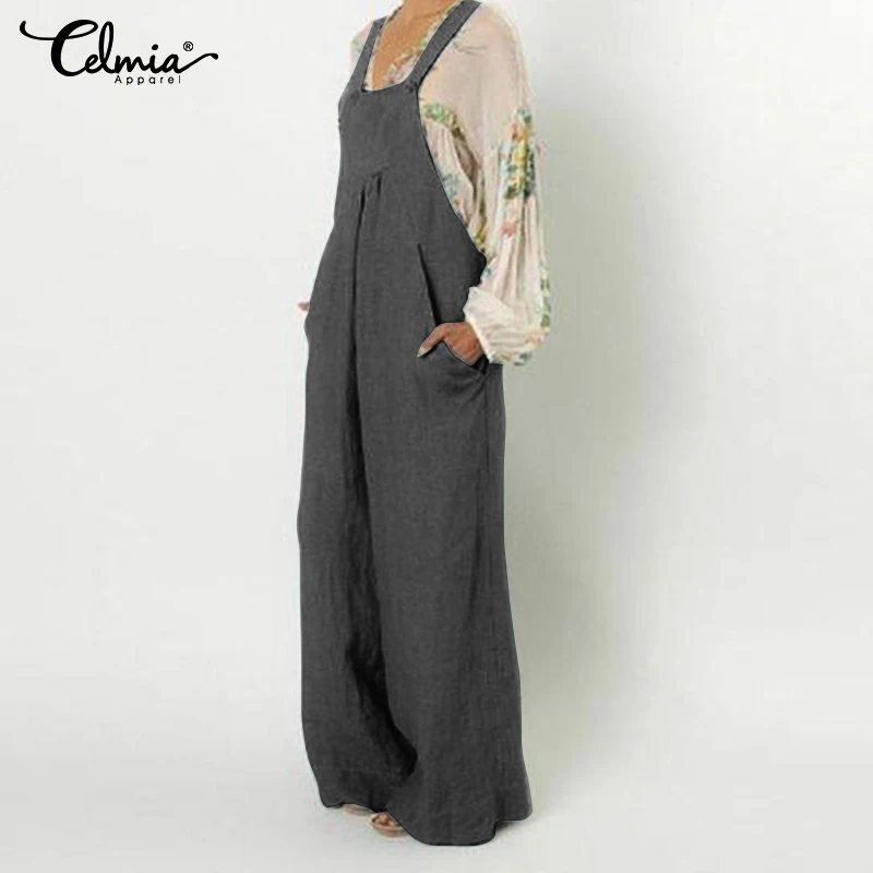 

Women Loose Solid Jumpsuit Celmia 2019 Summer Strap Dungaree Wide Leg Trousers Ladies Overall Pants Casual Playsuits Plus Size