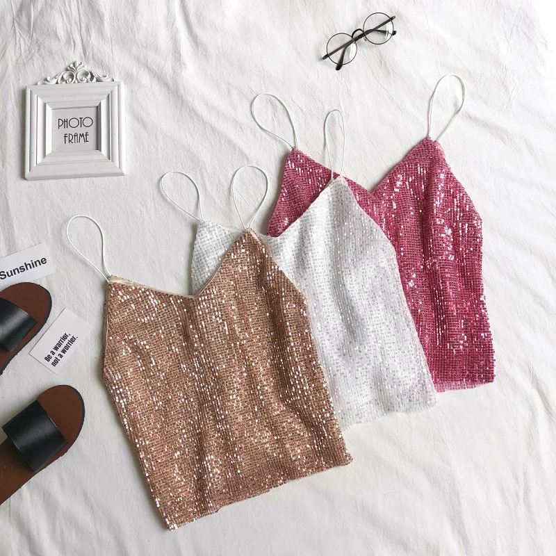 

Summer Sexy Sequined Camis Sweet V-Neck Short Tank Tops Women streetwear Slim halter top All-Match Sleeveless sequin Tanks Mw706