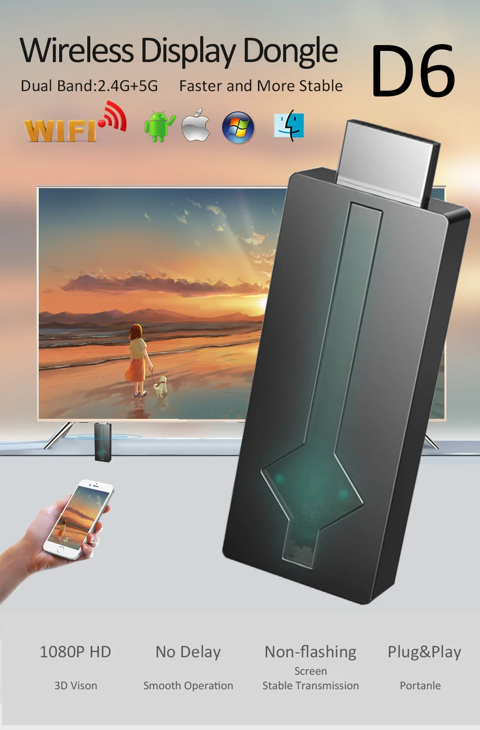 MiraScreen D6 2,4G/5G Wifi Дисплей ТВ ключ 1080P Miracast Anycast Airplay Dlna Мини ПК Android tv stick для ios windows MacOS