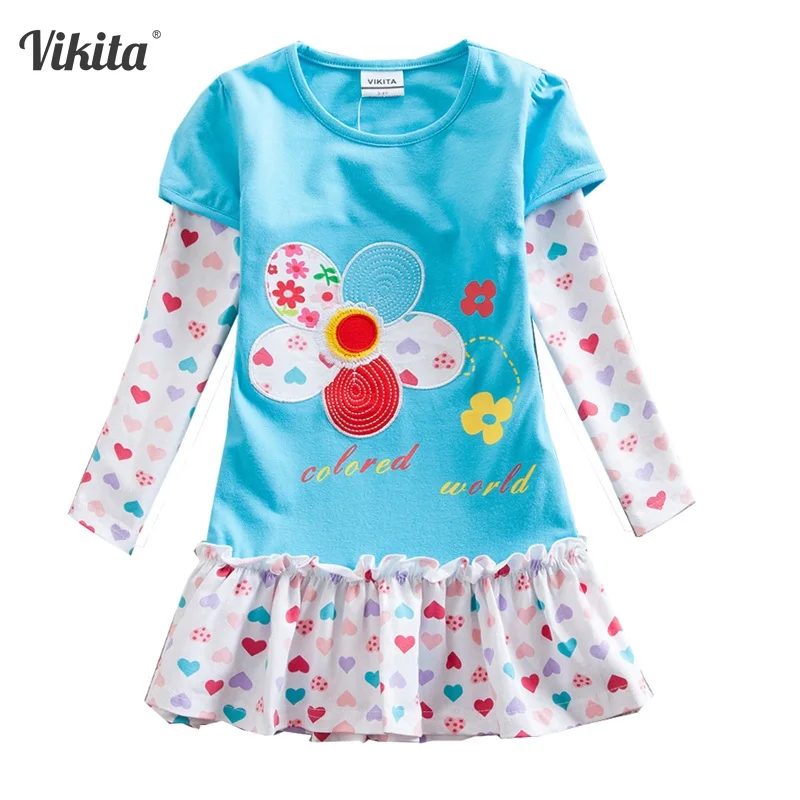 VIKITA платья для девочек; одежда для детей; детское платье принцессы для девочек с цветочным рисунком; Vestidos; повседневные платья с длинными рукавами на осень; F5061
