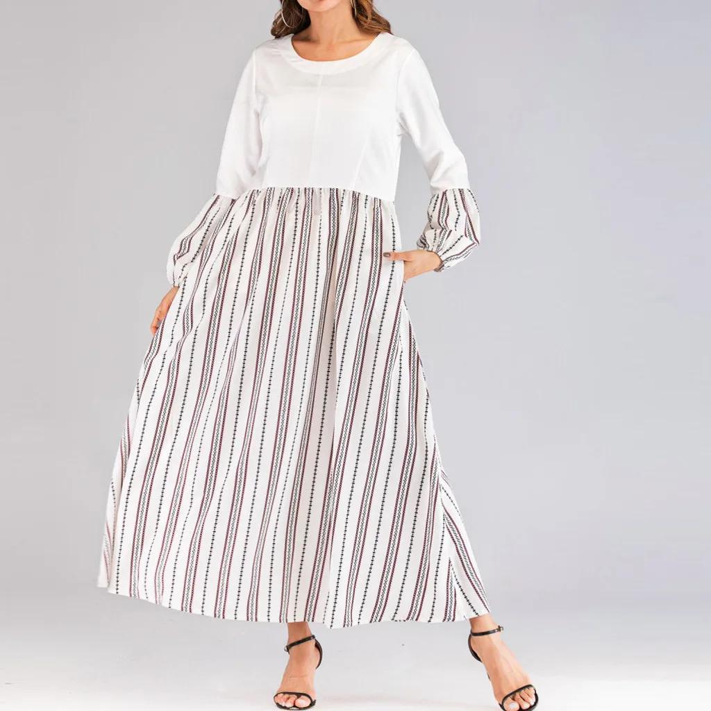 

Fashion muslim dress clothing design Women Dress 2019 O-Neck stripe Lantern Striped Sleeve Striped Print Muslim Long Dress abaya