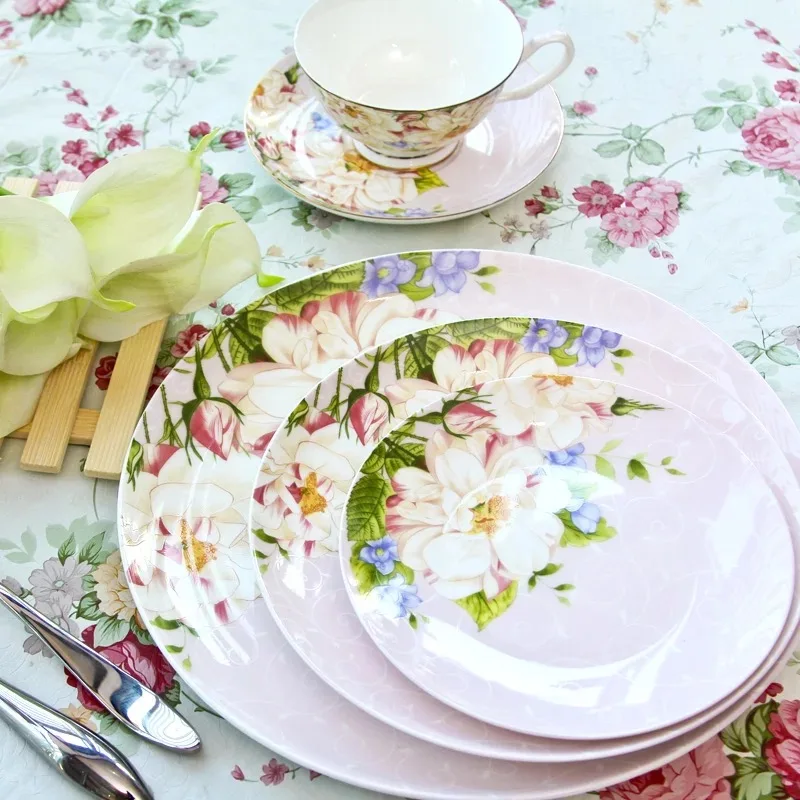 Синий и розовый цветочный набор посуды костяной фарфор 10,5 дюймов обеденная тарелка 8 дюймов салатная тарелка 6 дюймов десертная тарелка блюдо