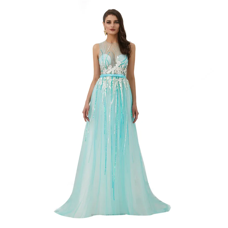 

Elegant O-Neck Tank Transparent Floor Length Ball Gown Embroidery Appliques Party Dress Robe de soiree Vestido de noche 60313