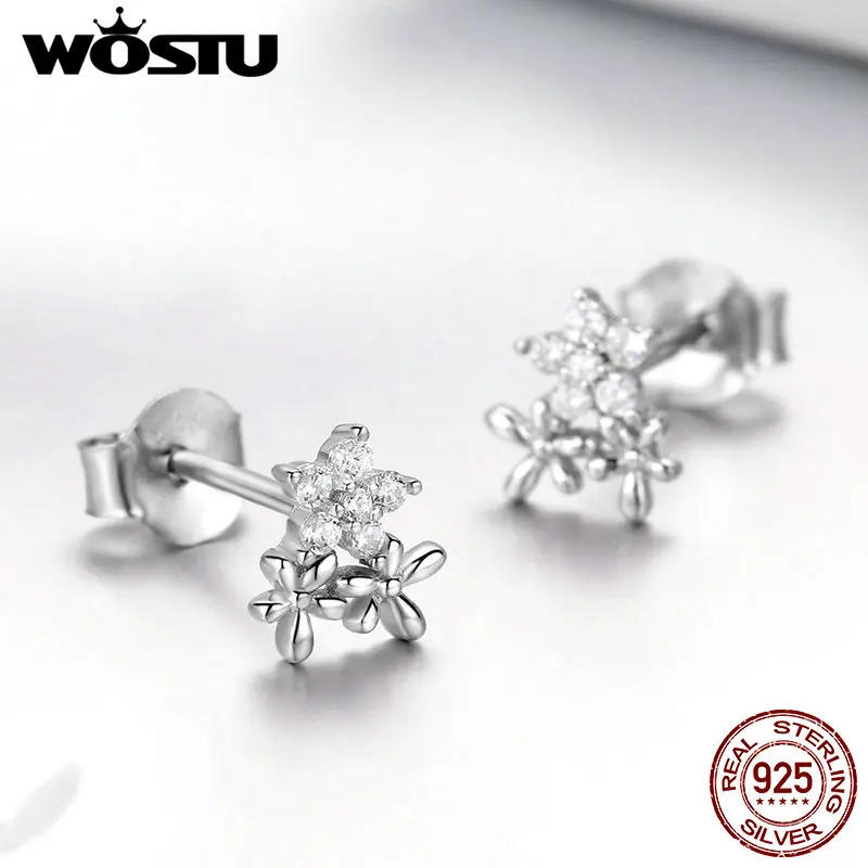 WOSTU, классический стиль, 925 пробы, серебряные серьги-гвоздики в виде цветка снежинки для женщин, маленькие свадебные серьги, роскошные ювелирные изделия FNE030