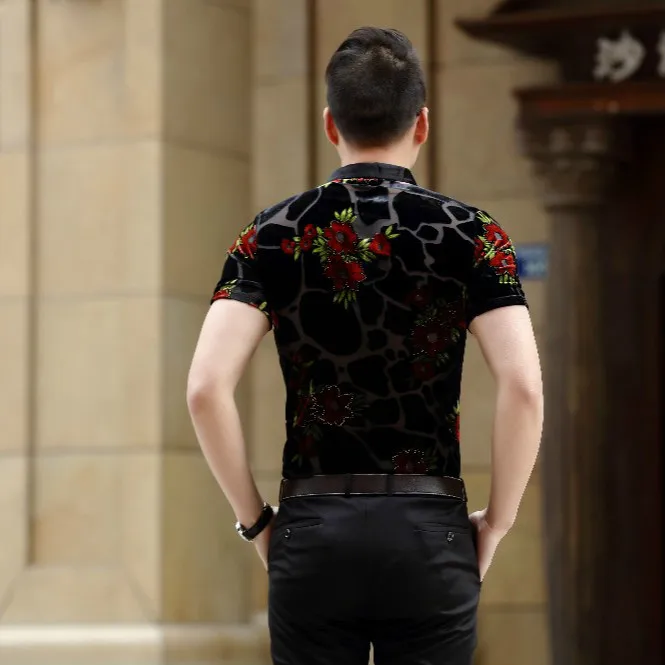 Шелковая рубашка с красным цветком Camisa Social Masculina прозрачная бархатная Прозрачная