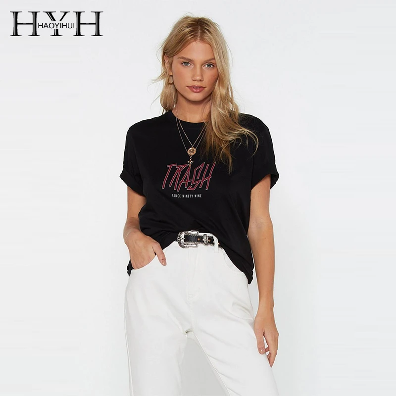 

HYH Haoyihui Simple And Stylish TRASH Slogan Letter Geometric Print Solid Color Round Neck Regular Women's Summer T-shirt