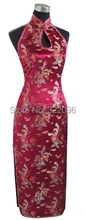 Shanghai Story Wine Red Chinese Women’s Satin Long Qipao Halter Cheong-sam Backless Costume Dress S M L XL XXL XXXL J3404