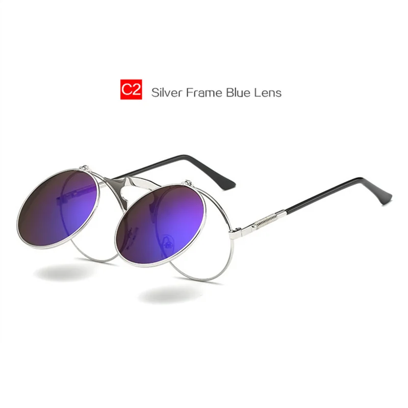 Калейдоскопы Очки Для мужчин Круглый стимпанк Солнцезащитные очки для женщин металлическая оправа стимпанк Очки ретро очки солнцезащитные очки для женщин - Цвет линз: Silver Blue