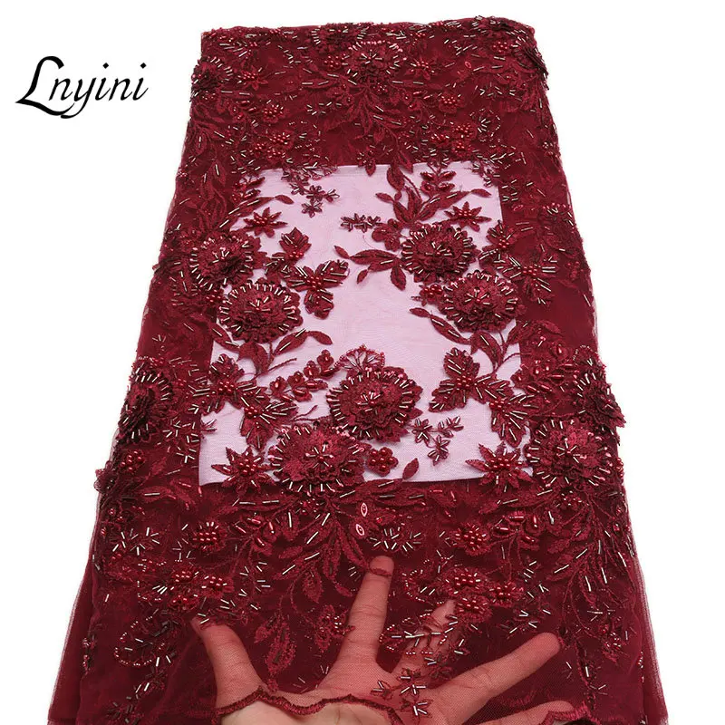 

High End African Lace Fabric French Lace Handmade Beaded Lace 3D Flowers DIY Wedding Decoration Embroidery Lace Dresses L1519B-5
