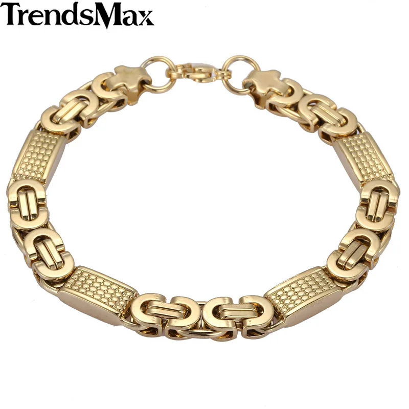 Trendsmax, ювелирный набор, 8 мм, Мужская цепочка, для мальчиков, браслет, золотой тон, плоская Византийская связь, нержавеющая сталь, ожерелье, браслет, набор KS164