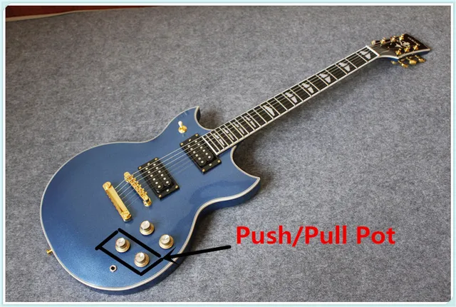 Best price at $342 Cheap New Arrival Sparkle Metallic Blue Finish YMH SG Electric Guitar With Push/Pull Pot As Picture For Sale