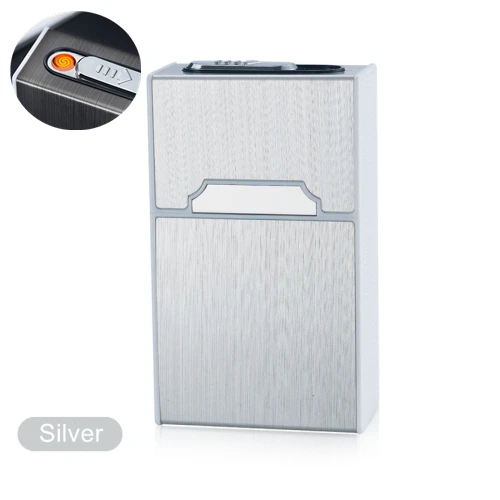 Metal Cigarette Case Box with USB Lighter 20pcs Capacity Waterproof Cigarette Holder Electronic Lighter Electric Gadgets for Men - Цвет: Silver