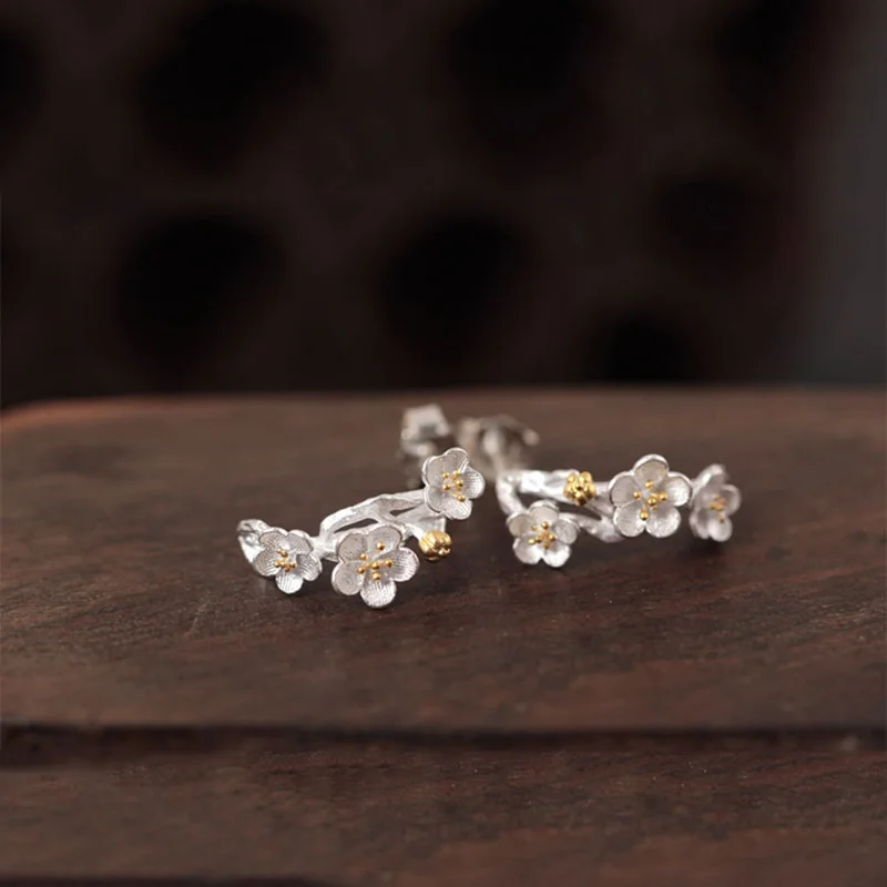 Женские серьги гвоздики из серебра 925 пробы с цветком сливы|stud earrings|jewelry earringsjewelry