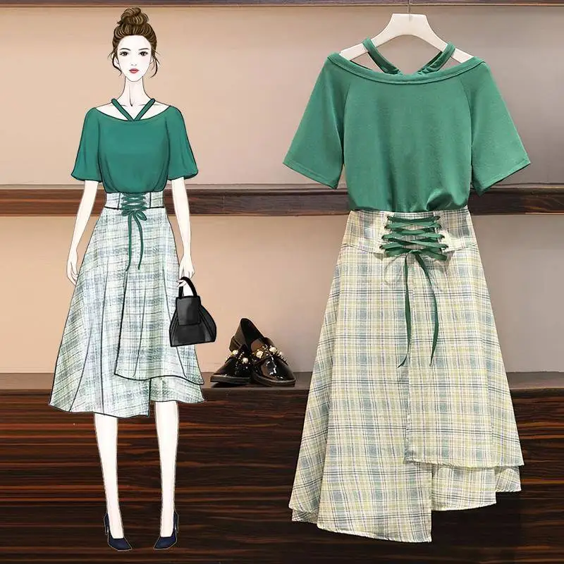 

ICHOIX Plaid 2 piece skirt set summer 2019 Korean lace up t-shirt tops and skirt 2 piece set women 3xl 4xl plus size set outfits