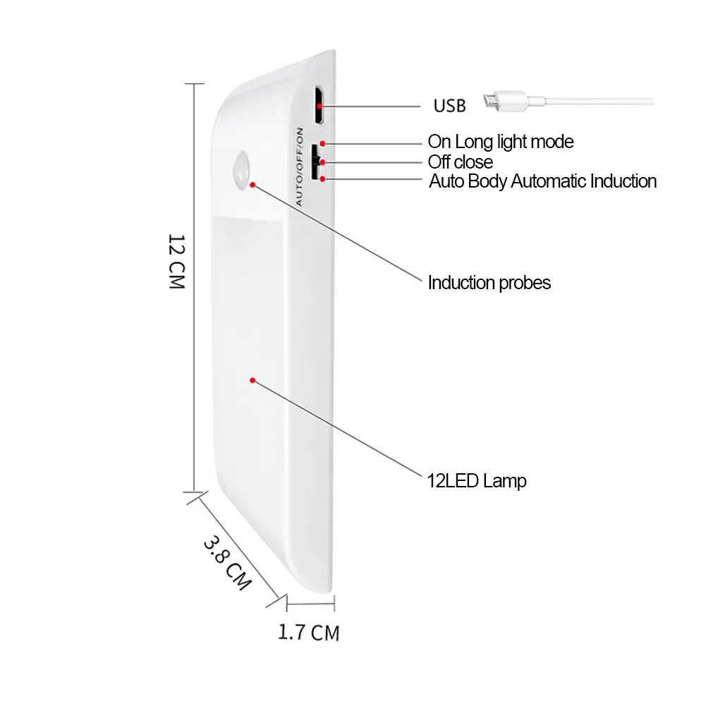 Датчик движения свет 12 Светодиодный перезаряжаемая магнитная лампа для шкафа кухни ALI88