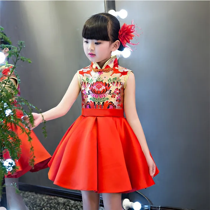 Новинка года; китайское платье принцессы Ципао с принтом для девочек; летнее красное платье без рукавов для свадьбы, дня рождения, вечеринки; детское платье Ципао - Цвет: sleeveless dress