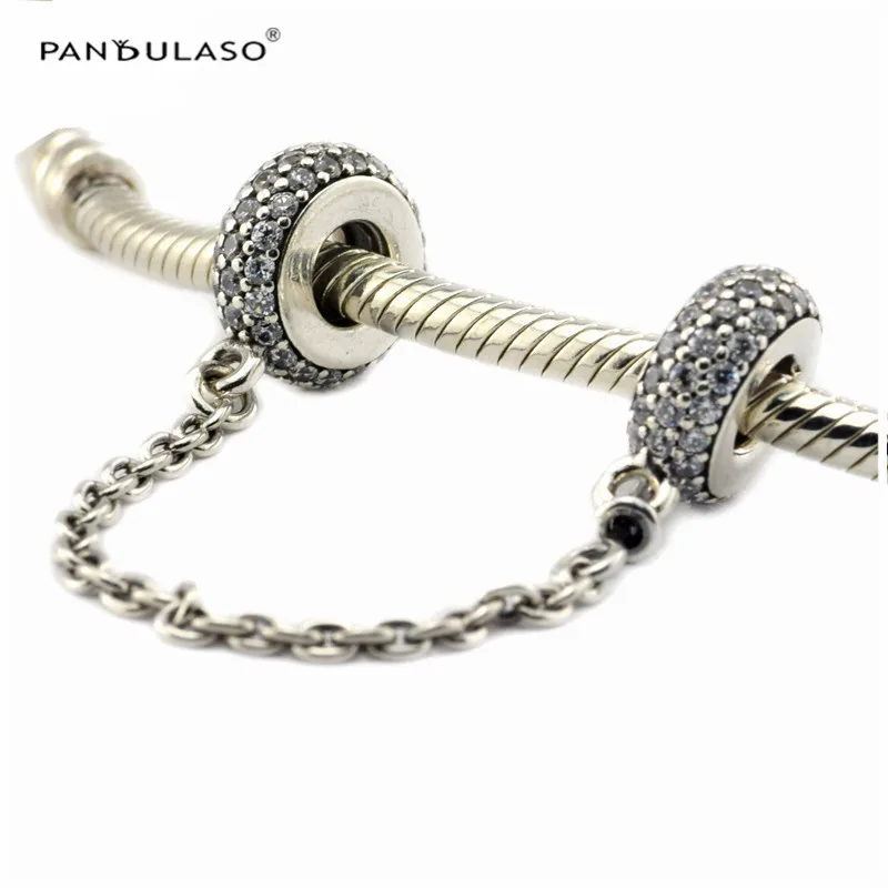 

Pandulaso Pave Inspiration Safety Chain Clear CZ 925 Sterling-Silver-Jewelry Fit Silver Charm Bracelet Woman Beads DIY Wholesale