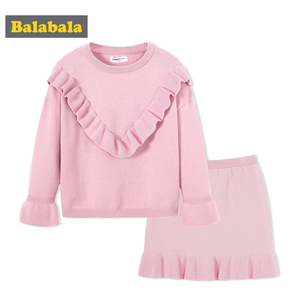 

Balabala children's autunm Knitted skirt suit for girls enfant Children clothing girl clothes with cute falbala fashion suit