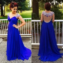 Plus Size 2017 Blue Chiffon Sweetheart Back Sheer Beading Custom Made Cheap Women Long Gowns Evening Dresses