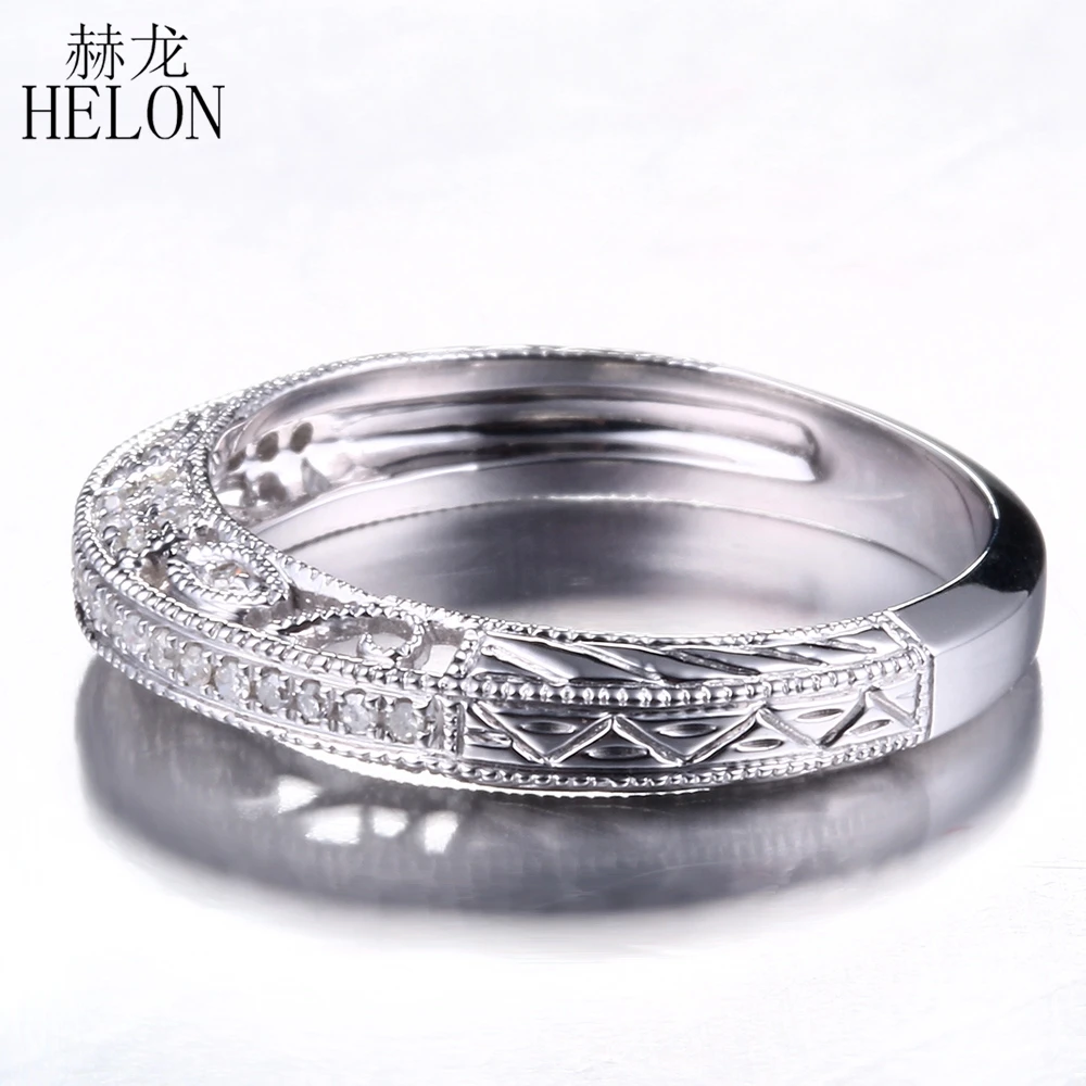 HELON Solid 14K White Gold 100% Genuine Natural Diamonds Ring For Women Half Eternity Wedding Ring Women Vintage Trendy Jewelry