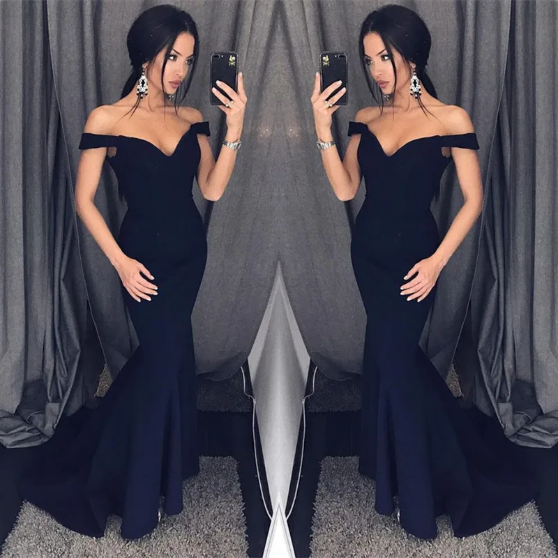 Aliexpress.com : Buy Sexy Black Off the Shoulder Satin Prom Gowns V Neck Mermaid Evening Gowns 