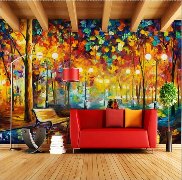 

Large 3D Wallpapers mural Abstract Modern Wall Painting Rain Tree Road Palette Knife Oil Painting Canvas Wall Home Decoration