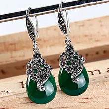 925 plata esterlina cuelga los pendientes de la vendimia rubí granate ágata calcedonia verde ópalo de la joyería para las mujeres de la india