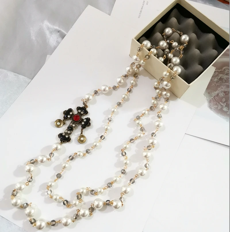 

Crystal Pearl layer Necklace For Women Cross tassel collane lunghe donna camelia maxi necklace Party Necklace