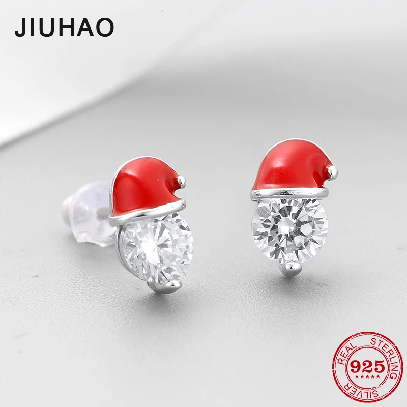 

Real 925 Sterling Silver Sparkling Clear CZ Red hat Studs Earrings For women Fashion Jewelry Trendy 2018