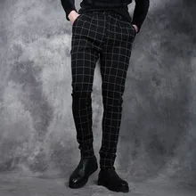 Новые мужские шаровары модные Индивидуальные клетчатые узкие брюки тонкие брюки клетчатые повседневные Костюмы Брюки Сценические костюмы певицы