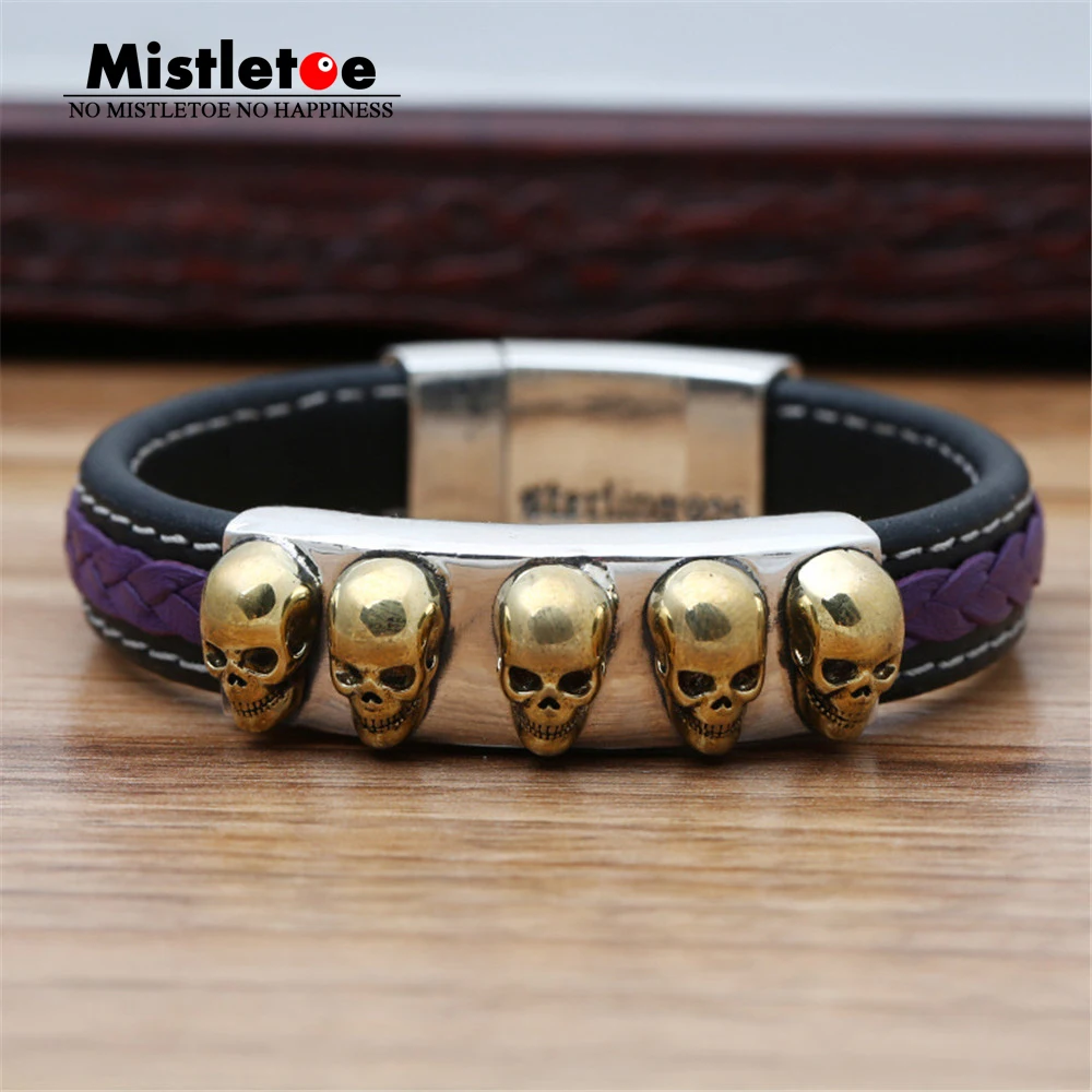 

Authentic 925 Sterling Silver Vintage Punk Locomotive Skulls Leather 19cm Bracelet For Women & Men Jewelry